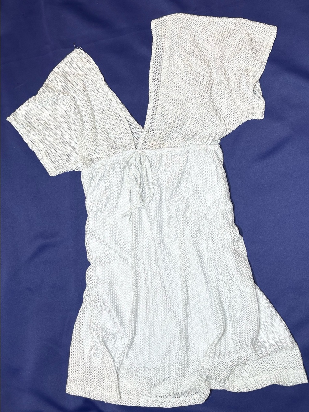 Paradise White Deep V Knit Coverup w Lined Waist  and Tie String Front